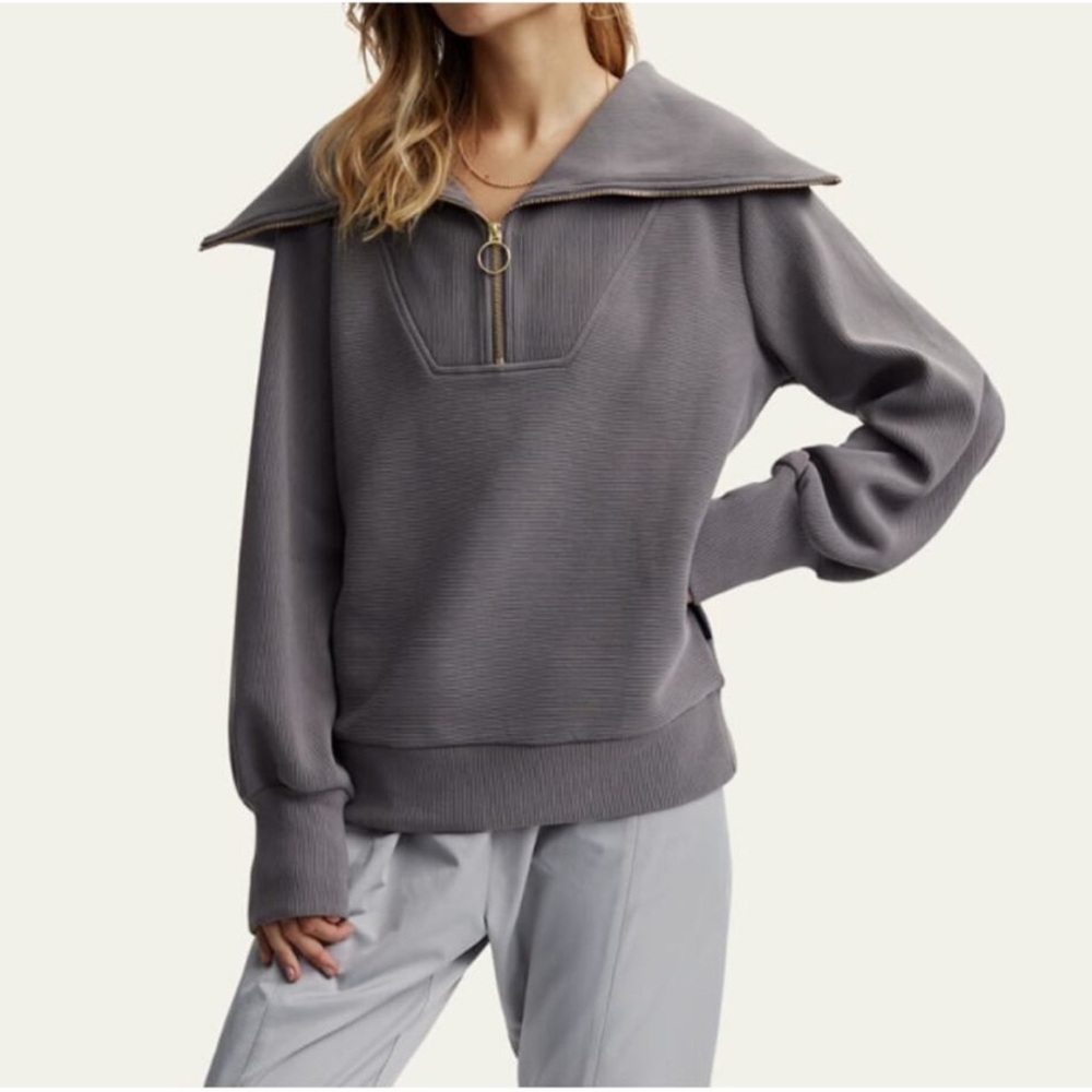 Varley Gray Zip-Neck Ribbed Sweater